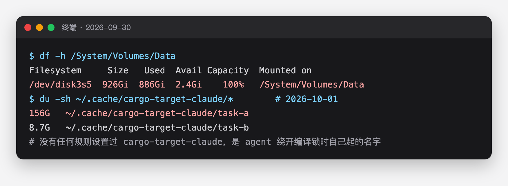 磁盘 100% 时的 df 输出，以及 agent 自建的 156 GB 编译目录